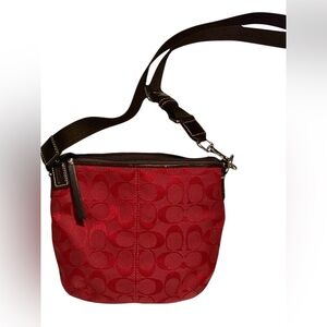 Coach Red Signature Collection Woven Jacquard Crossbody Hobo Bag. 
Sz. 9 x 8 x 1